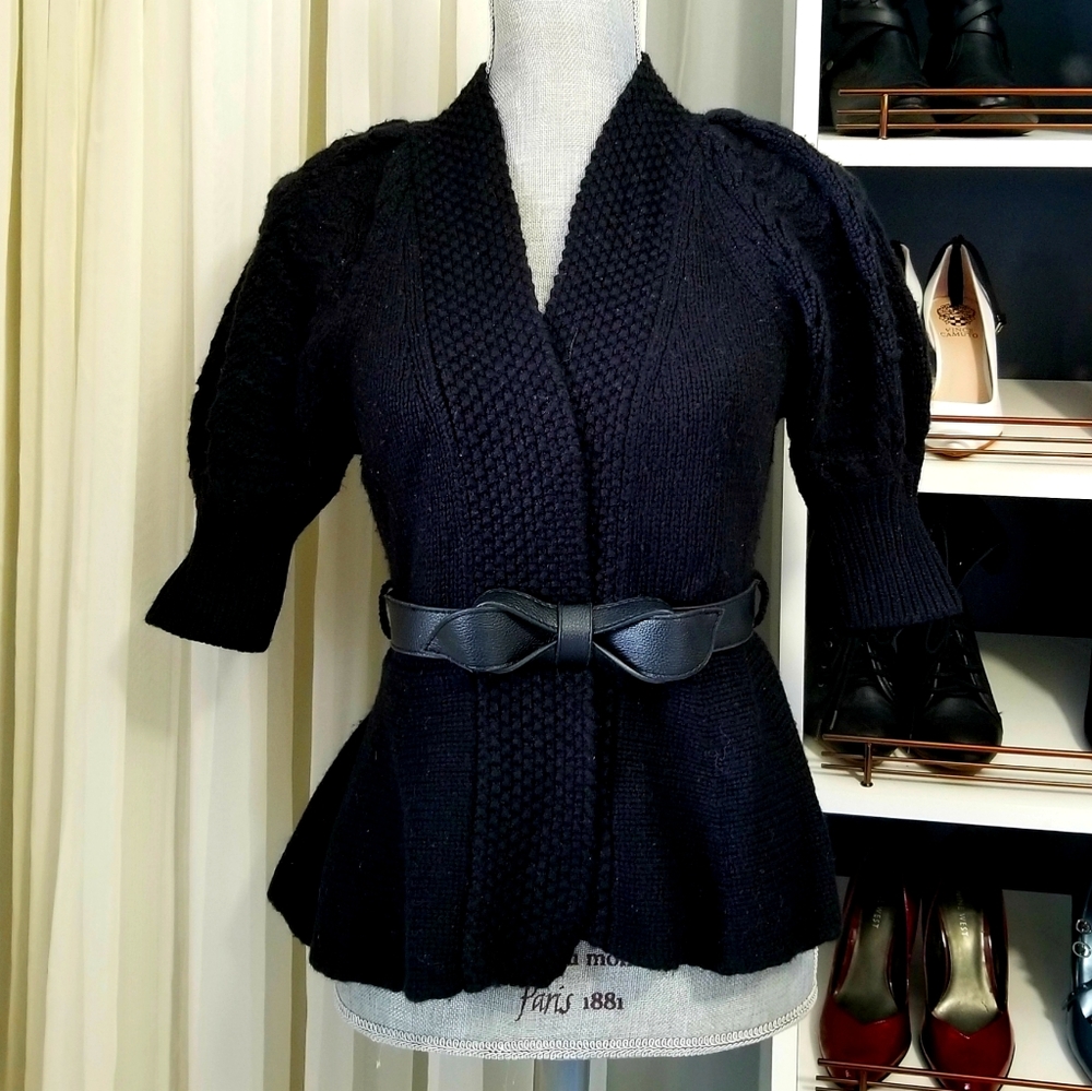Knit Puff-Shoulder Wrap Sweater & Belt